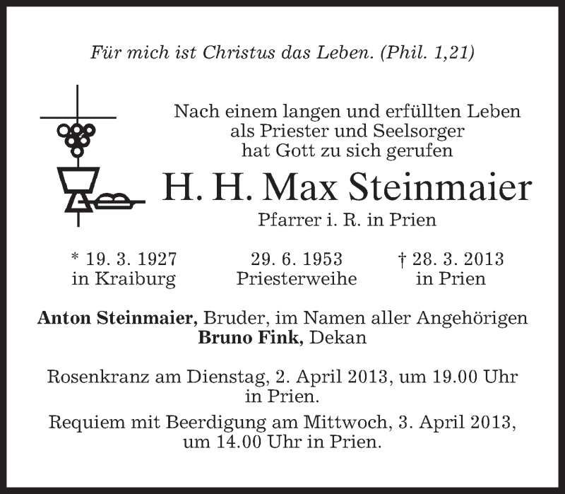  Traueranzeige für H. H. Max Steinmaier vom 30.03.2013 aus merkurtz