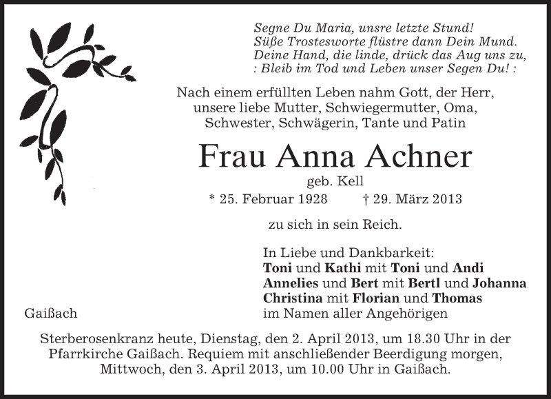  Traueranzeige für Anna Achner vom 02.04.2013 aus merkurtz