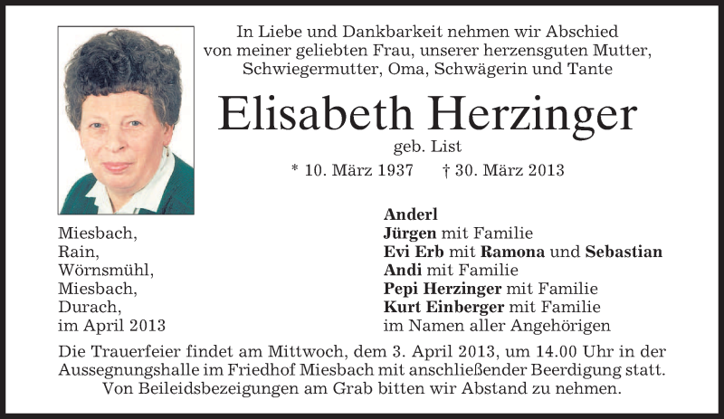 Traueranzeigen von Elisabeth Herzinger | trauer.merkur.de