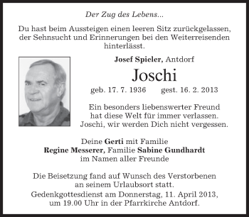 Traueranzeige von Josef Spieler von merkurtz
