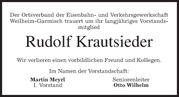 Traueranzeige von Rudolf Krautsieder von merkurtz