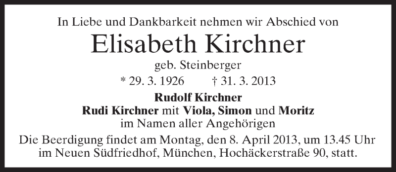  Traueranzeige für Elisabeth Kirchner vom 06.04.2013 aus merkurtz