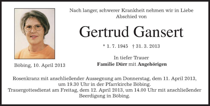 Traueranzeigen von Gertrud Gansert | trauer.merkur.de