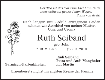 Traueranzeige von Ruth Seiband von merkurtz
