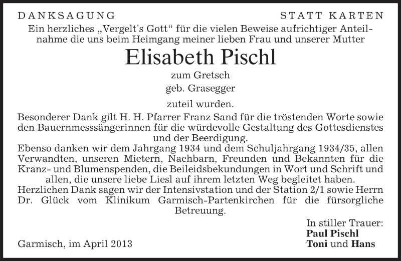  Traueranzeige für Elisabeth Pischl vom 06.04.2013 aus merkurtz