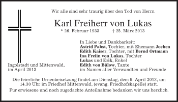 Traueranzeige von Karl Freiherr von Lukas von merkurtz