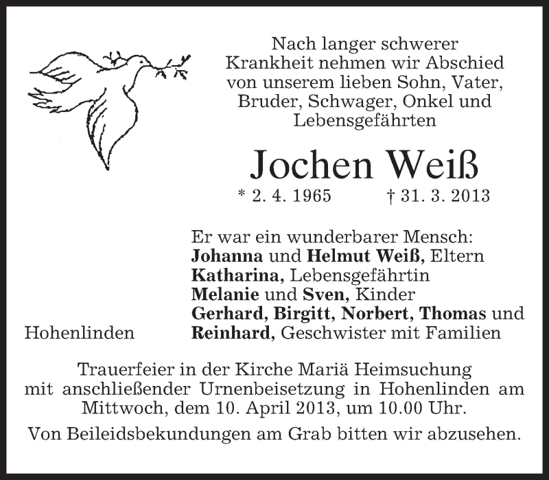  Traueranzeige für Jochen Weiß vom 06.04.2013 aus merkurtz