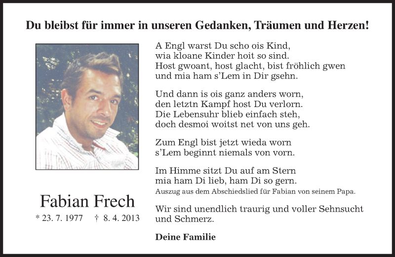  Traueranzeige für Fabian Frech vom 08.04.2013 aus merkurtz