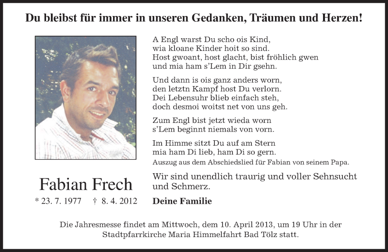  Traueranzeige für Fabian Frech vom 09.04.2013 aus merkurtz