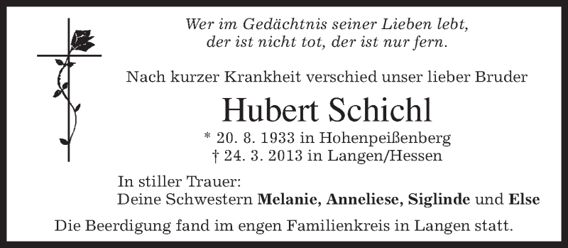  Traueranzeige für Hubert Schichl vom 09.04.2013 aus merkurtz
