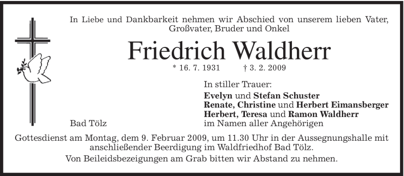  Traueranzeige für Friedrich Waldherr vom 07.02.2009 aus MERKUR & TZ