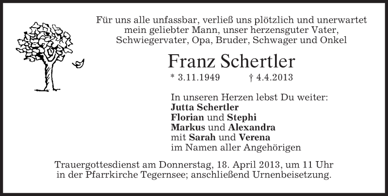  Traueranzeige für Franz Schertler vom 13.04.2013 aus merkurtz