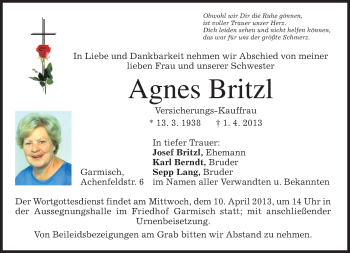 Traueranzeige von Agnes Britzl von merkurtz