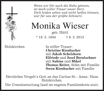 Traueranzeige von Monika Wieser von merkurtz