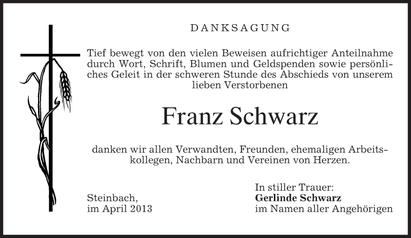  Traueranzeige für Franz Schwarz vom 10.04.2013 aus merkurtz