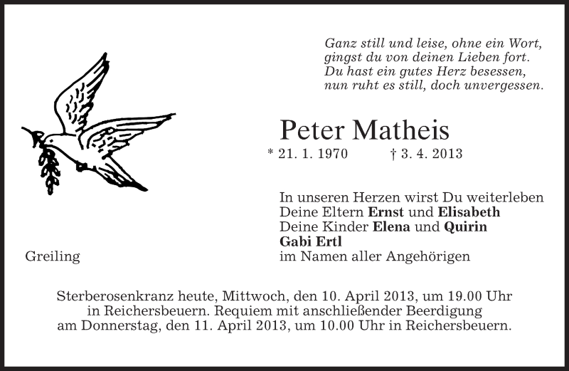  Traueranzeige für Peter Matheis vom 10.04.2013 aus merkurtz