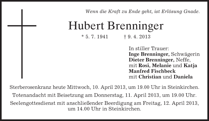  Traueranzeige für Hubert Brenninger vom 10.04.2013 aus merkurtz