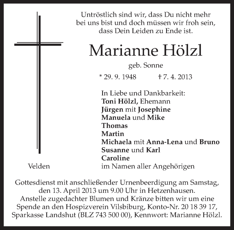  Traueranzeige für Marianne Hölzl vom 11.04.2013 aus merkurtz