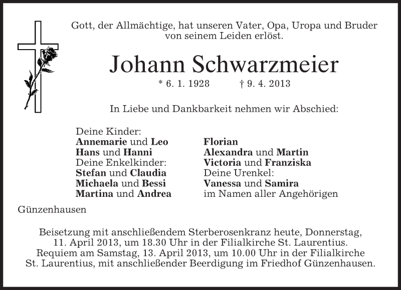  Traueranzeige für Johann Schwarzmeier vom 11.04.2013 aus merkurtz