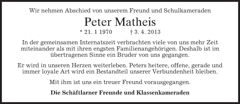  Traueranzeige für Peter Matheis vom 13.04.2013 aus merkurtz