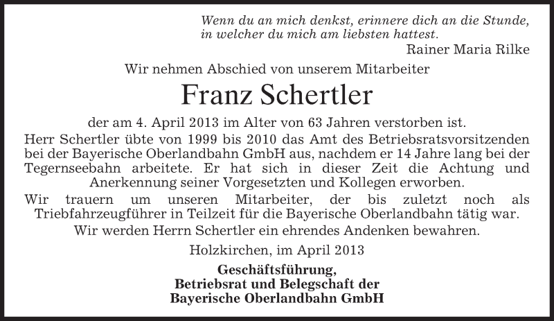  Traueranzeige für Franz Schertler vom 13.04.2013 aus merkurtz