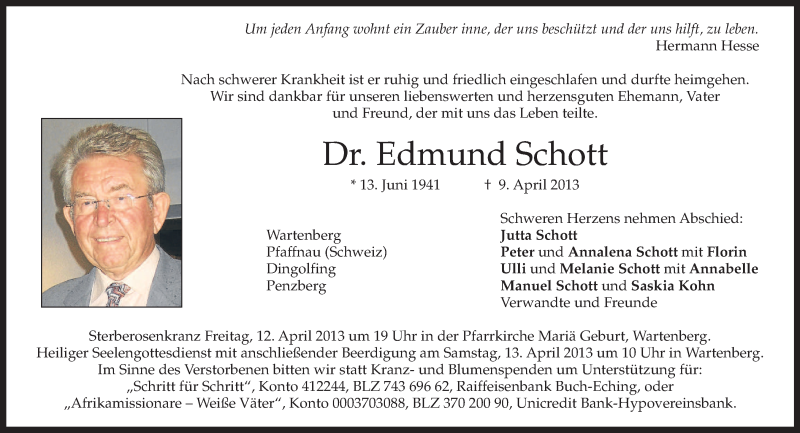  Traueranzeige für Edmund Schott vom 11.04.2013 aus merkurtz