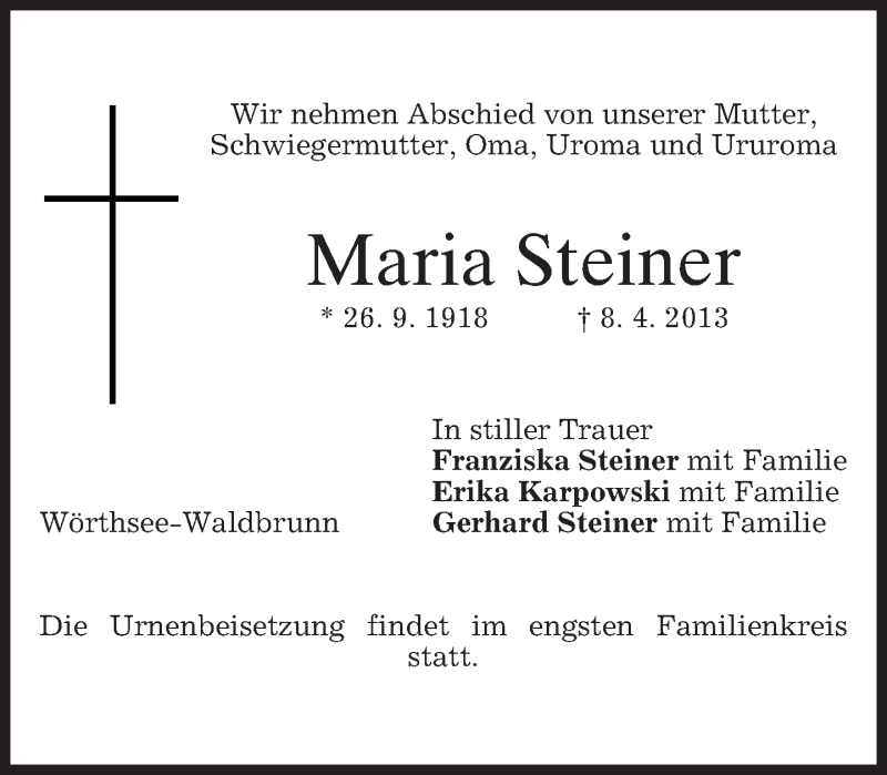  Traueranzeige für Maria Steiner vom 13.04.2013 aus merkurtz