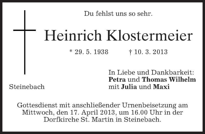  Traueranzeige für Heinrich Klostermeier vom 13.04.2013 aus merkurtz