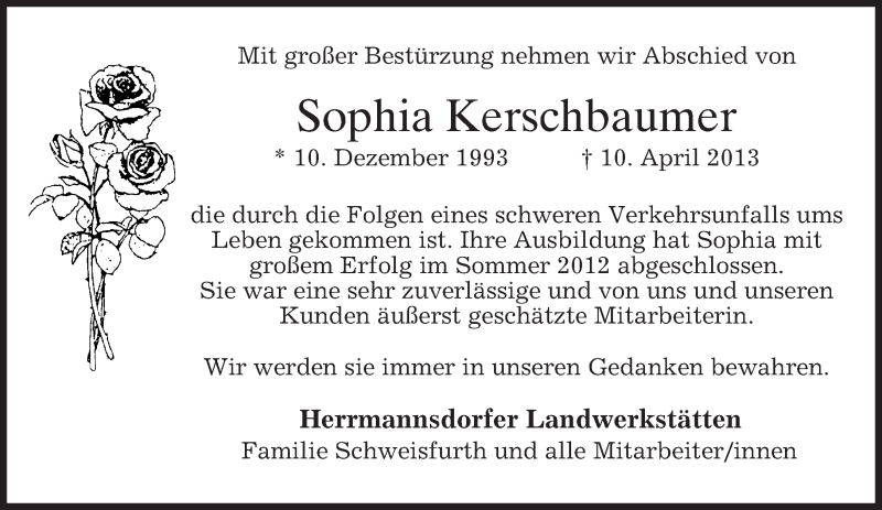  Traueranzeige für Sophia Kerschbaumer vom 13.04.2013 aus merkurtz