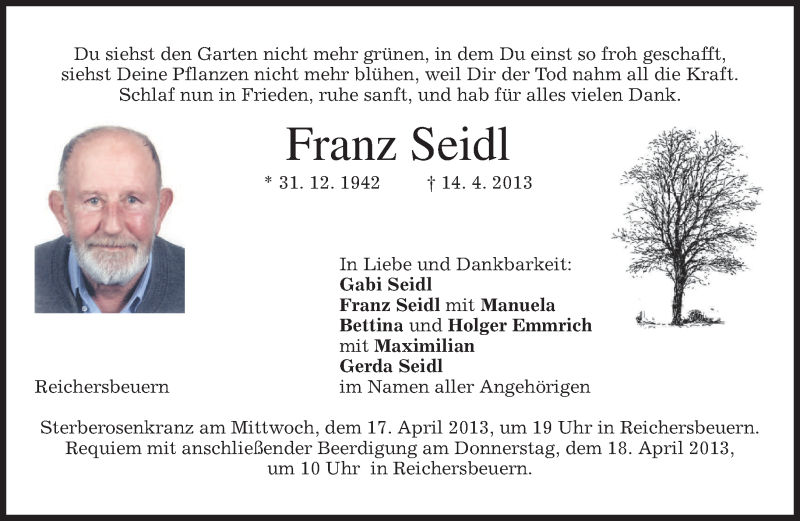  Traueranzeige für Franz Seidl vom 16.04.2013 aus merkurtz