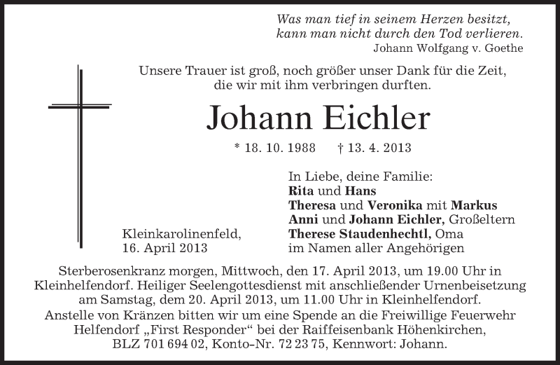  Traueranzeige für Johann Eichler vom 16.04.2013 aus merkurtz