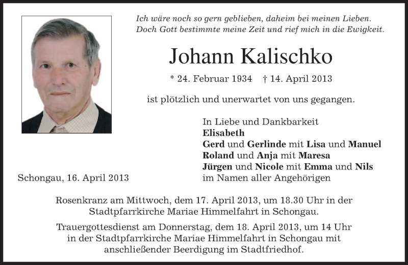  Traueranzeige für Johann Kalischko vom 16.04.2013 aus merkurtz