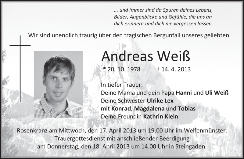  Traueranzeige für Andreas Weiß vom 16.04.2013 aus merkurtz