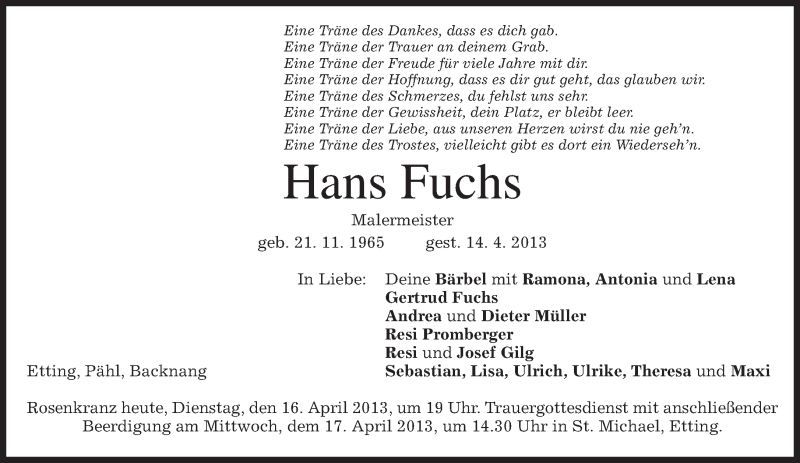 Traueranzeige für Hans Fuchs vom 16.04.2013 aus merkurtz