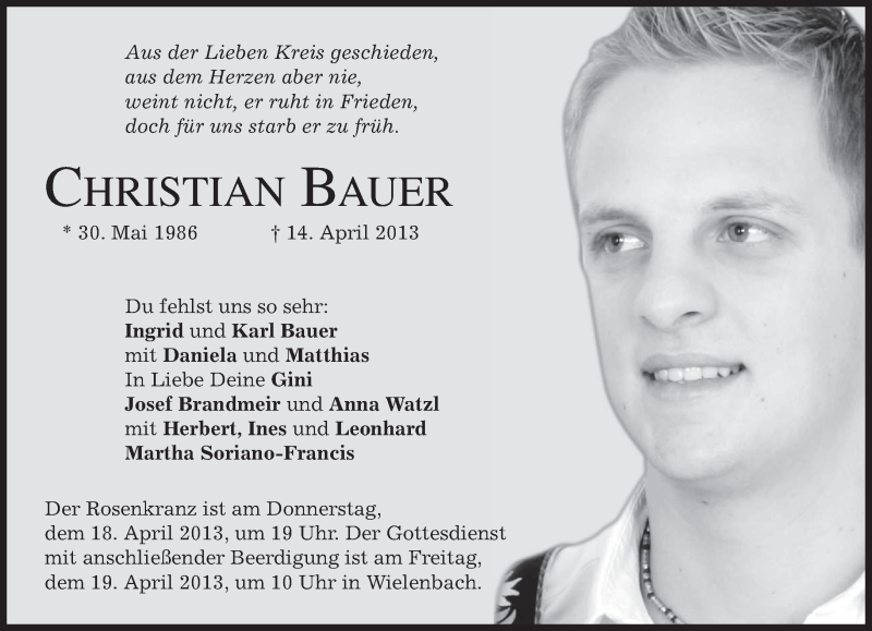  Traueranzeige für Christian Bauer vom 17.04.2013 aus merkurtz