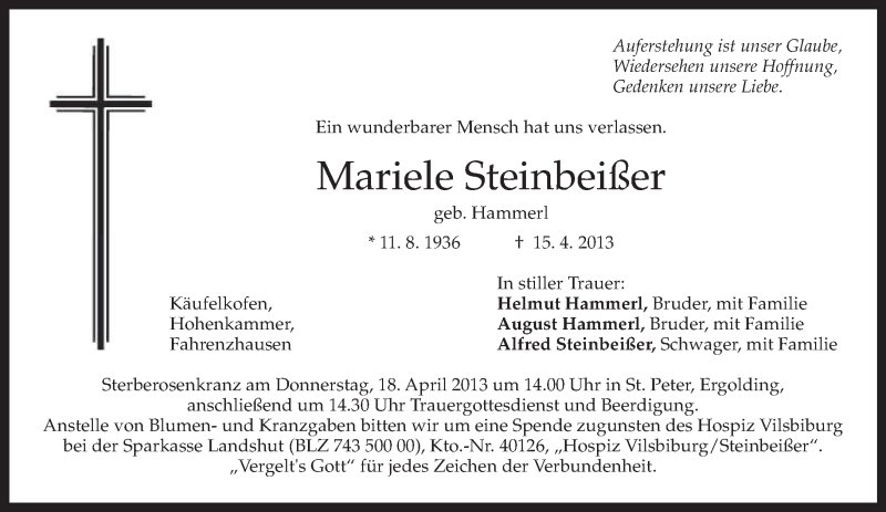  Traueranzeige für Mariele Steinbeißer vom 17.04.2013 aus merkurtz