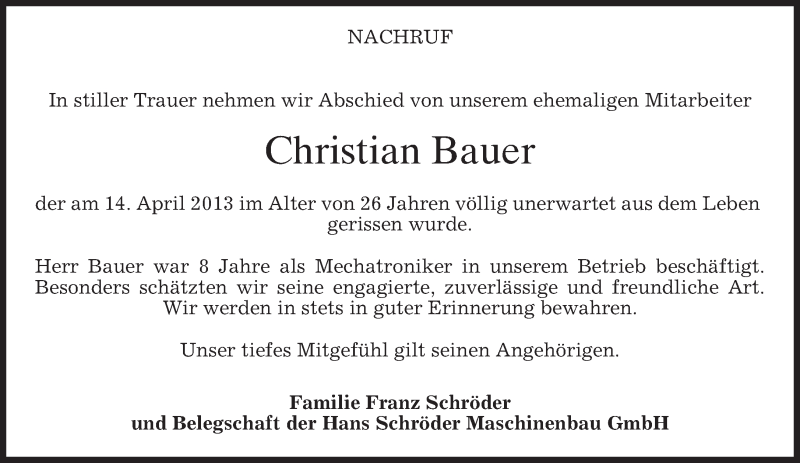  Traueranzeige für Christian Bauer vom 17.04.2013 aus merkurtz