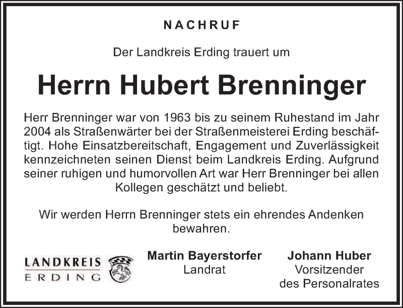  Traueranzeige für Hubert Brenninger vom 18.04.2013 aus merkurtz