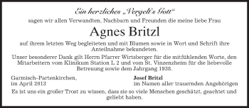 Traueranzeige von Agnes Britzl von merkurtz