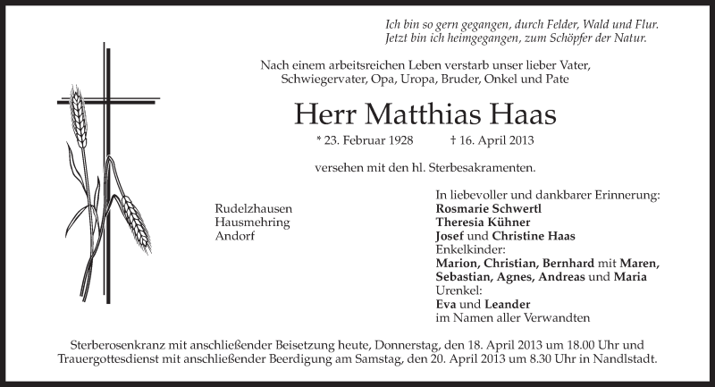 Traueranzeigen von Matthias Haas | trauer.merkur.de