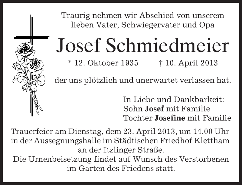  Traueranzeige für Josef Schmiedmeier vom 20.04.2013 aus merkurtz