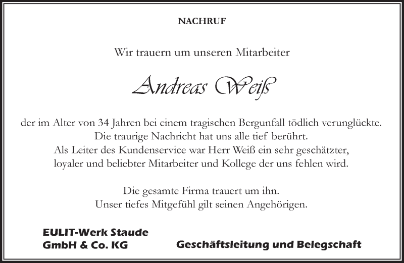  Traueranzeige für Andreas Weiß vom 20.04.2013 aus merkurtz