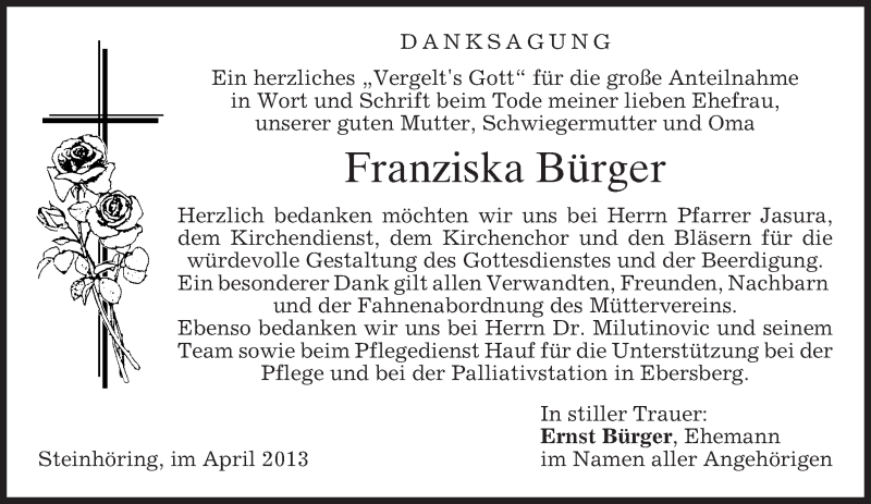  Traueranzeige für Franziska Bürger vom 20.04.2013 aus merkurtz