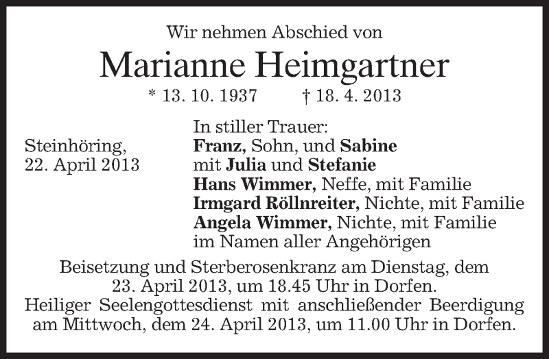  Traueranzeige für Marianne Heimgartner vom 22.04.2013 aus merkurtz