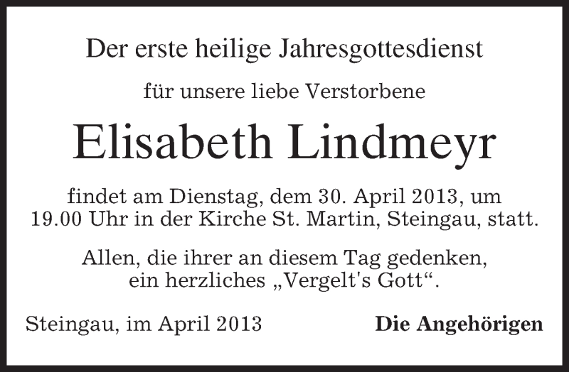  Traueranzeige für Elisabeth Lindmeyr vom 27.04.2013 aus merkurtz