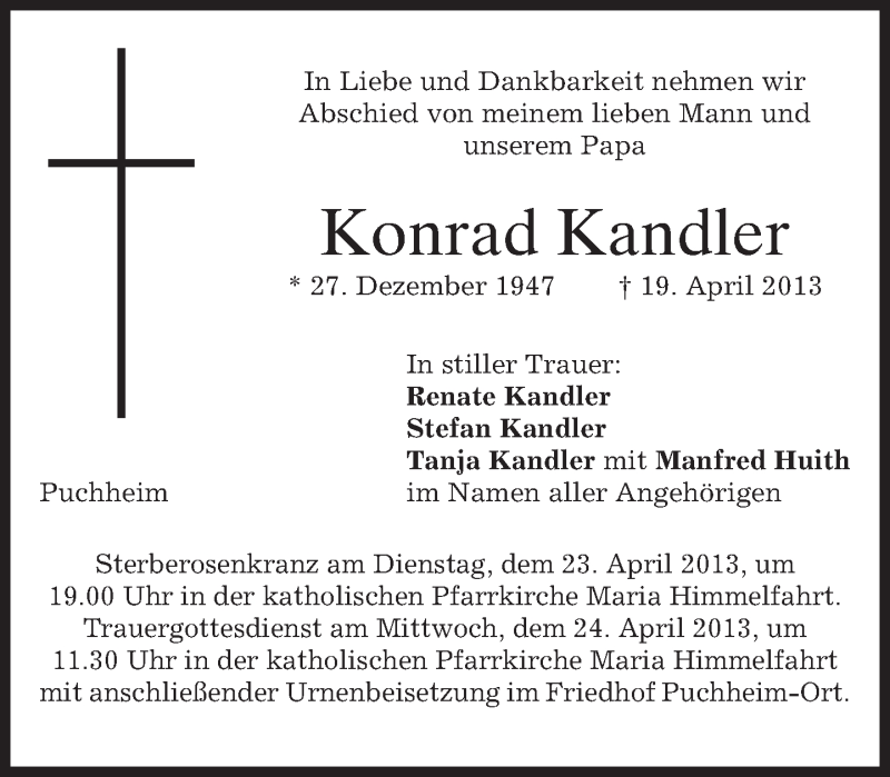  Traueranzeige für Konrad Kandler vom 22.04.2013 aus merkurtz