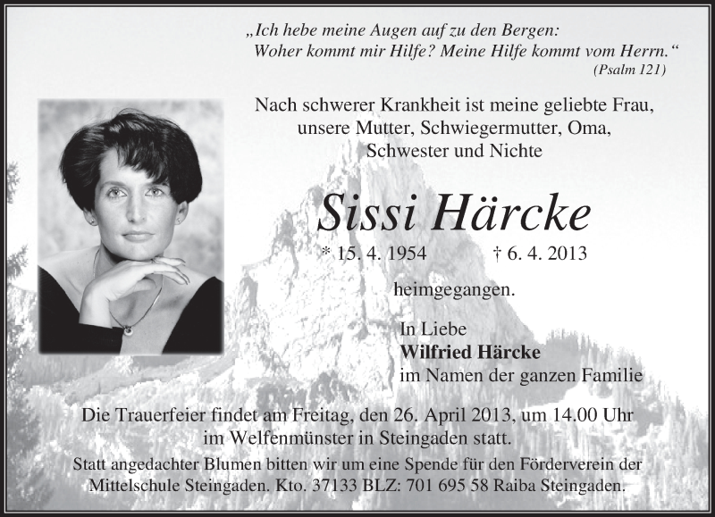  Traueranzeige für Sissi Härcke vom 23.04.2013 aus merkurtz