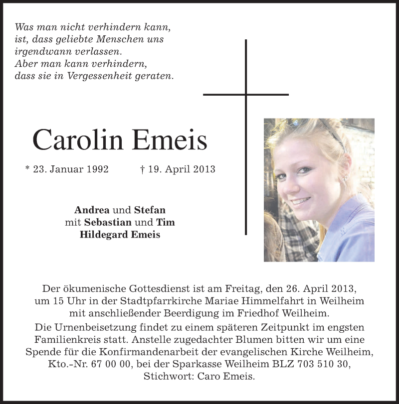  Traueranzeige für Carolin Emeis vom 23.04.2013 aus merkurtz