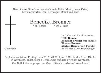 Traueranzeige von Benedikt Brenner von merkurtz