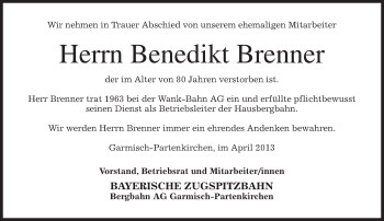 Traueranzeige von Benedikt Brenner von merkurtz